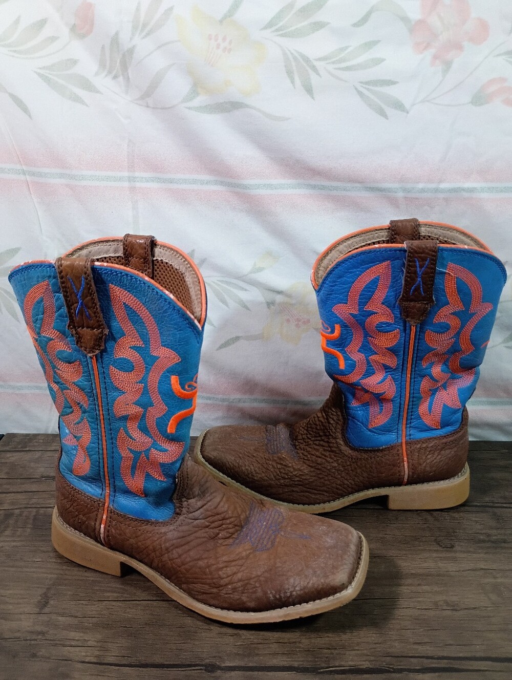 Twisted X Hooey Youth Cowboy Boots Brown Blue/Orange Leather Western Size 3.5M